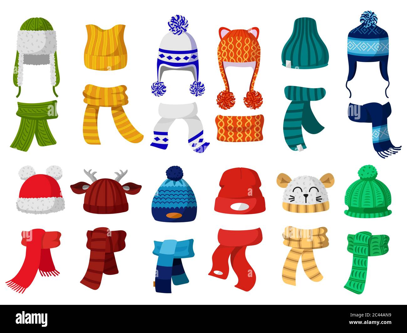 Cappelli invernali. Bambini maglia autunno cappelli e sciarpa, freddo tempo bambini accessori isolato vettore illustrazione icone set Illustrazione Vettoriale