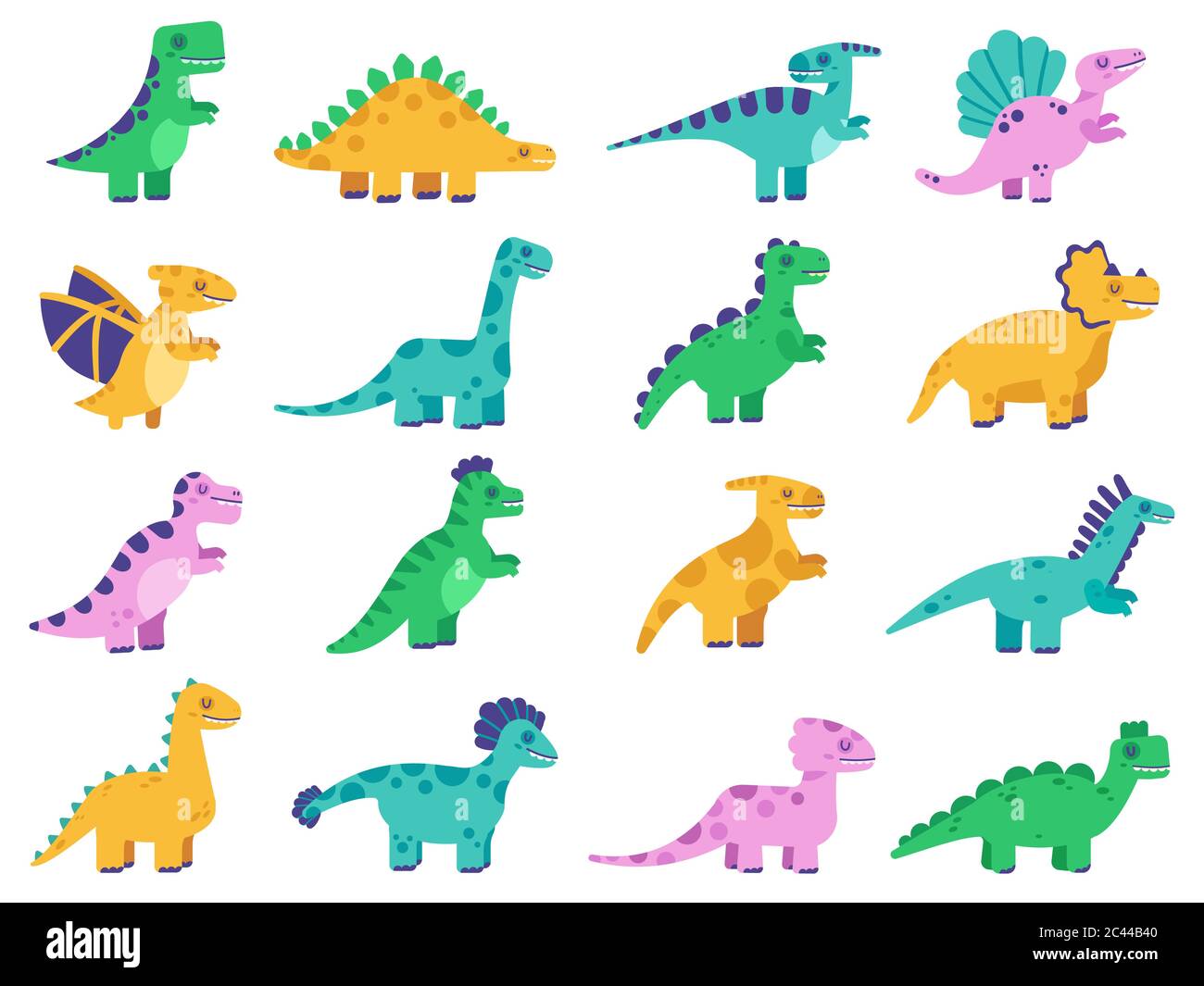 Graziosi dinosauri. Dinosauri fumetti disegnati a mano, personaggi divertenti del dinosauro, tirannosauro, stegosauro e diplodocus insieme di illustrazioni vettoriali isolate Illustrazione Vettoriale
