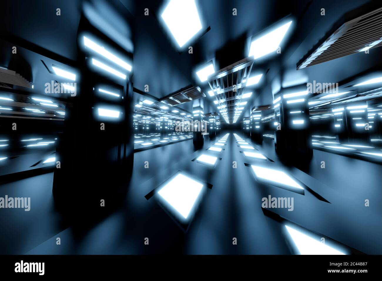 Rappresentazione tridimensionale di interni futuristici di navicella spaziale o stazione spaziale Foto Stock