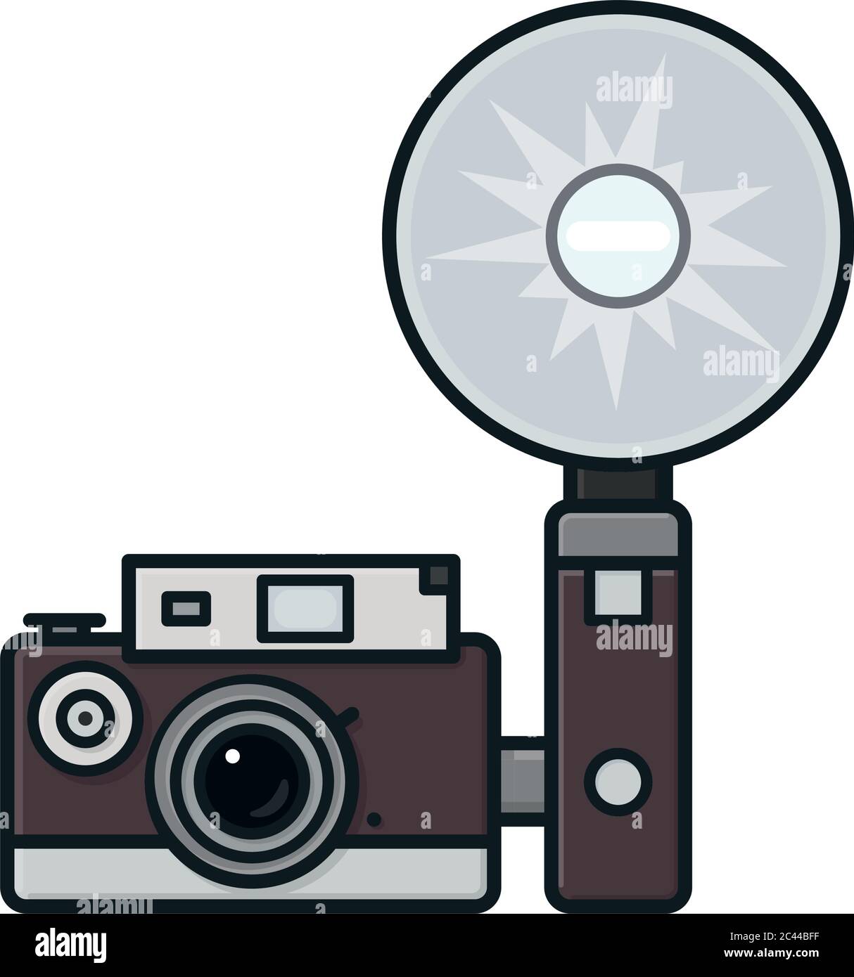 Fotocamera d'epoca con flash attached immagine vettoriale isolata per il giorno della fotocamera il 29 giugno. Supporti analogici e premere il simbolo. Illustrazione Vettoriale