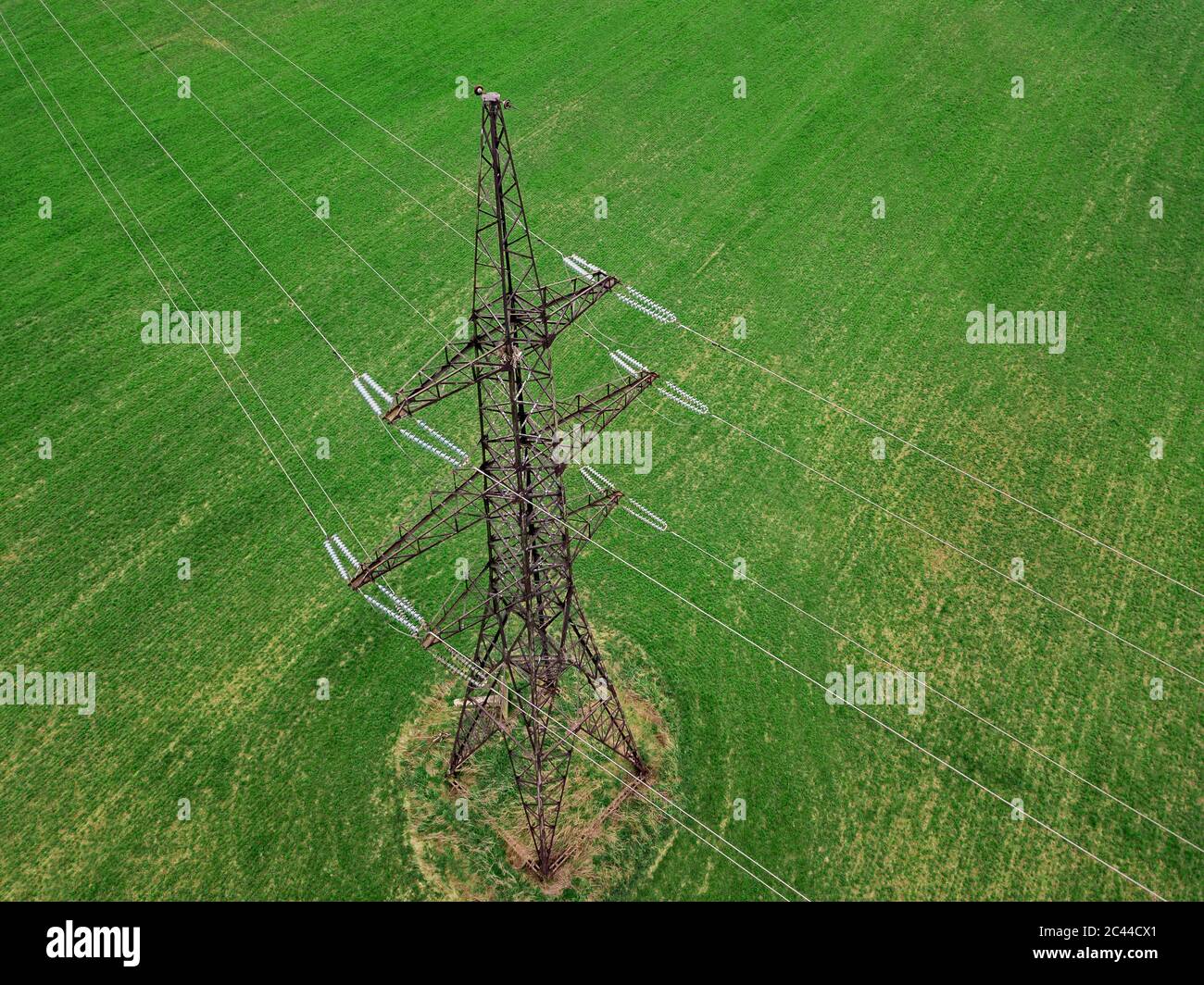 Russia, vista aerea del pilone elettrico in campo Foto Stock