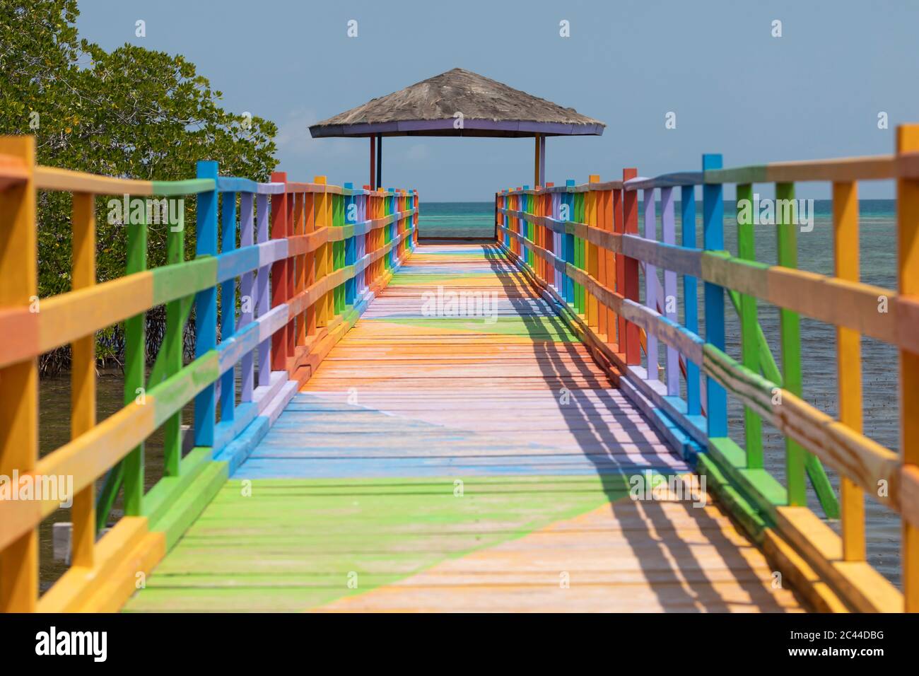 Passeggiata in legno decorata con colori vivaci e diversi, di fronte al mare e tra le mangrovie, nella città di Wakai, nelle isole Togee, Indon Foto Stock