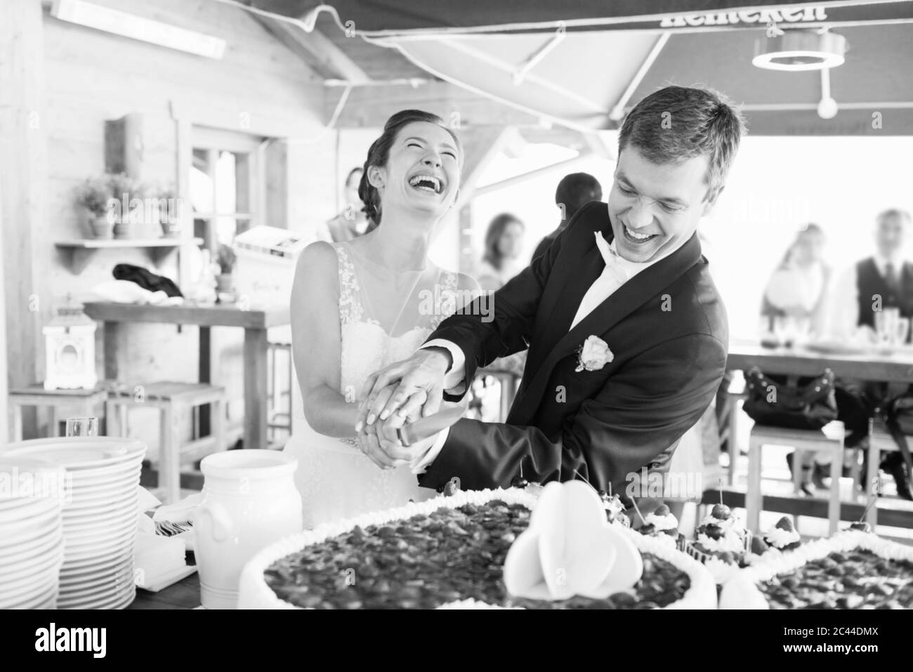 Allegro sposo per adulti di media età con sposa che taglia la torta di nozze alla reception Foto Stock