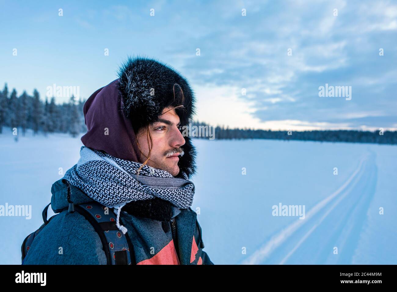Ritratto dell'uomo nel paesaggio invernale con baffi congelati, Ounasjaervi, Enontekioe, Finlandia Foto Stock