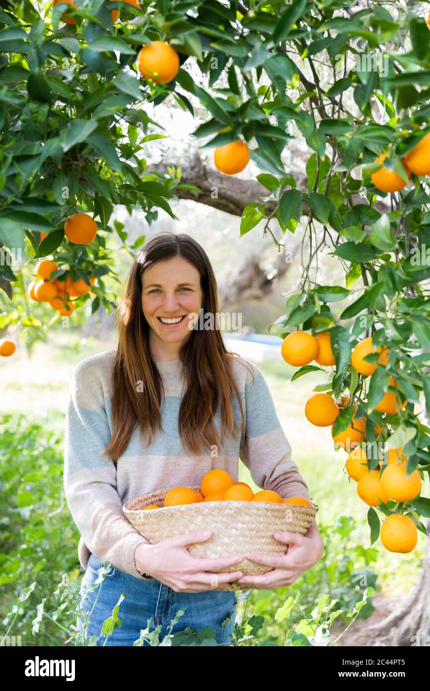 Donna sorridente che porta arance in cesto di vimini presso azienda  agricola biologica Foto stock - Alamy