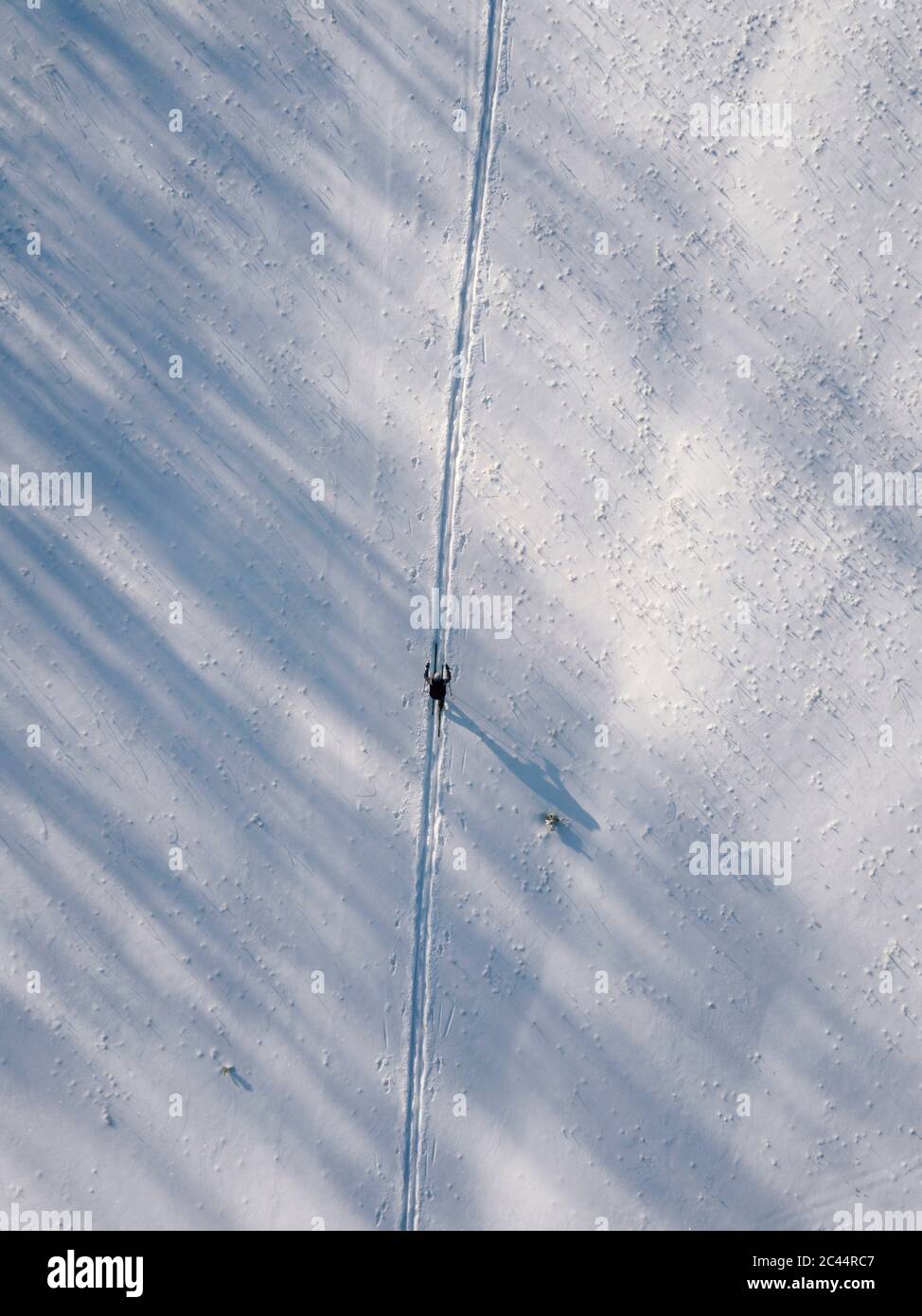 Russia, Leningrado Oblast, Tikhvin, vista aerea dello sciatore solitario in inverno Foto Stock