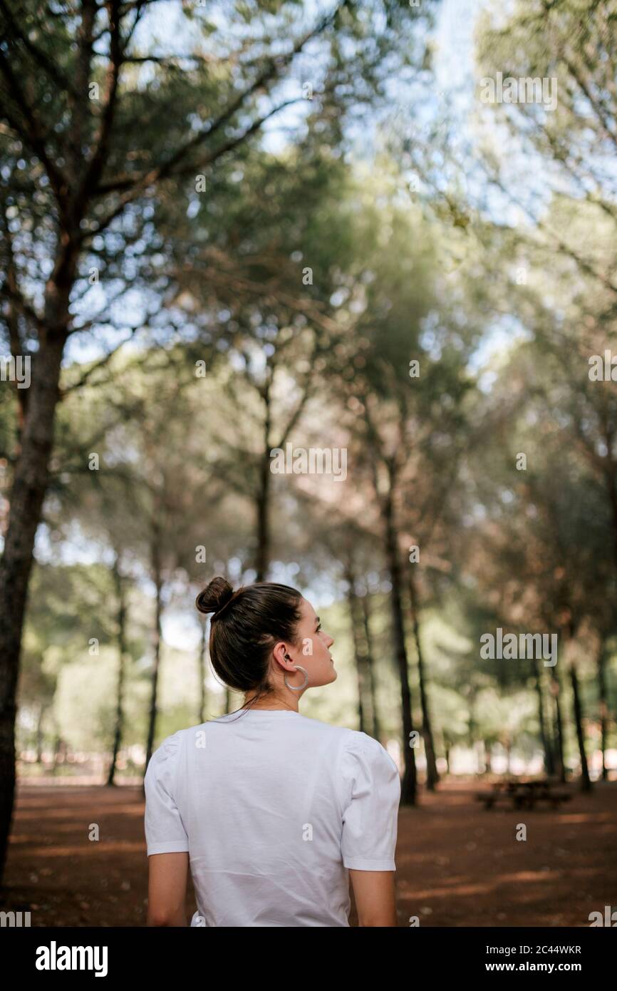 Vista posteriore di giovane donna con capelli bun guardando lontano in foresta Foto Stock