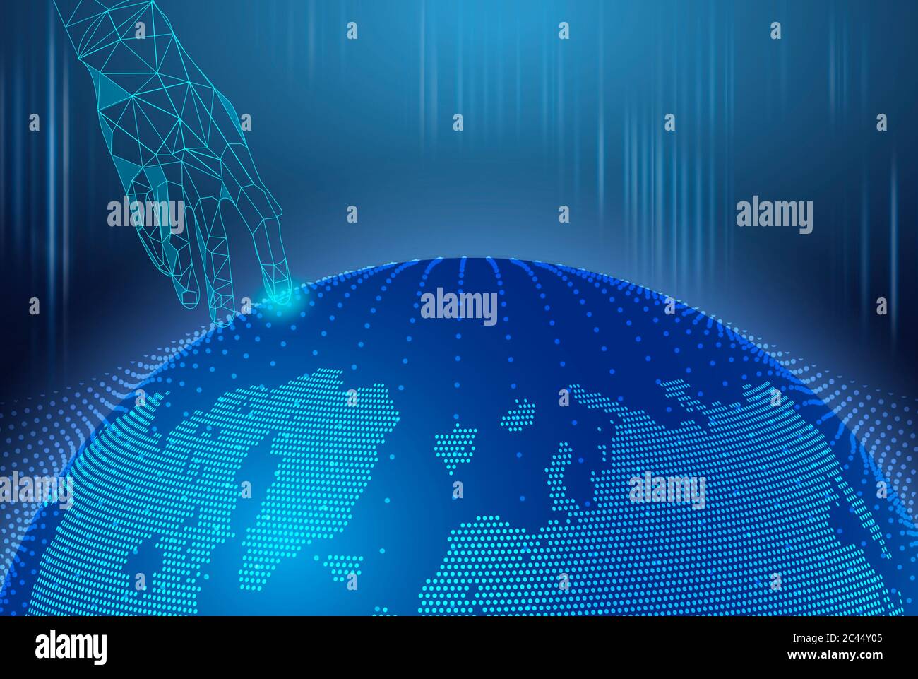 Rete digitale globale. Mano poligonale che tocca il globo 3D virtuale, sfondo astratto Foto Stock