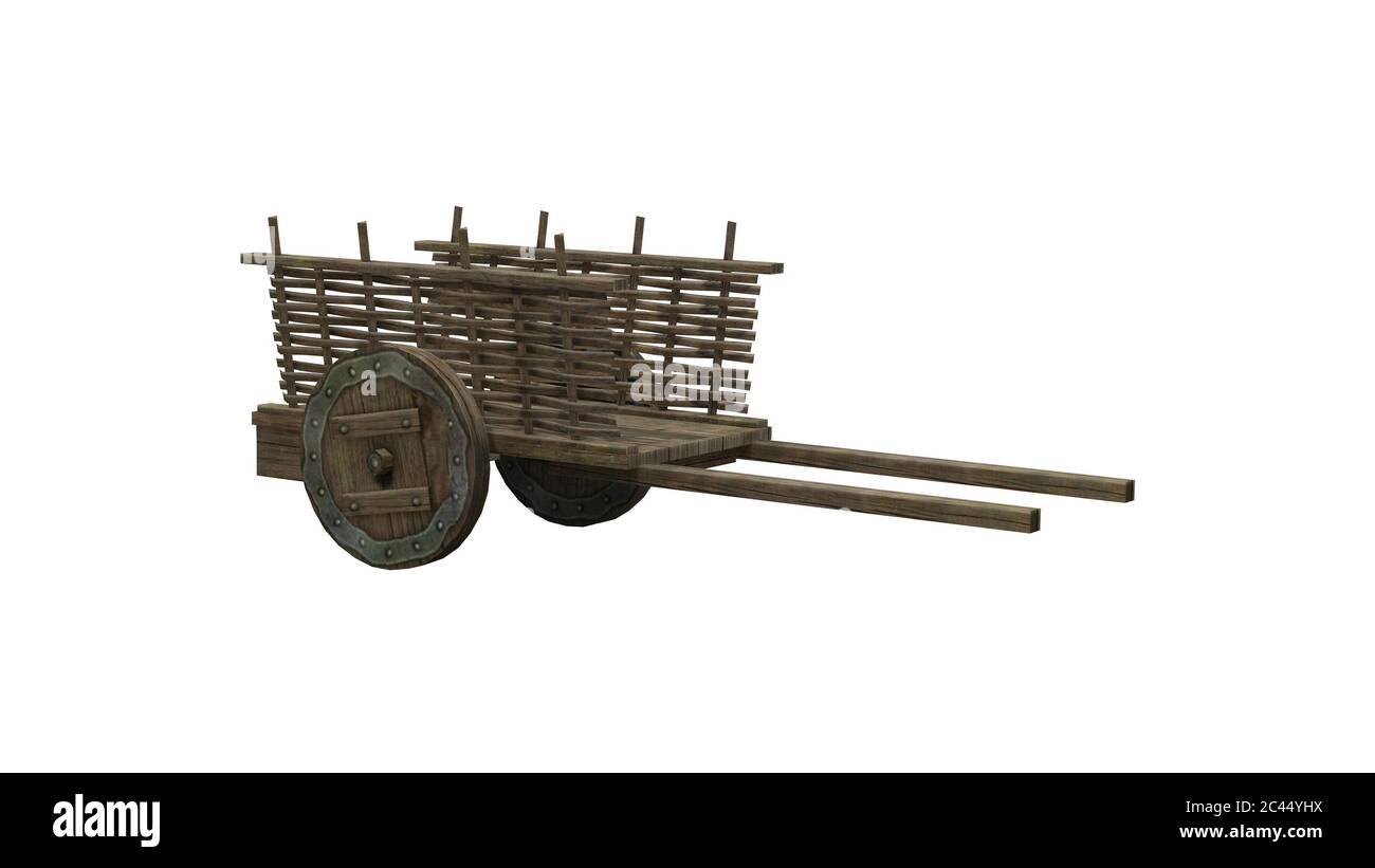 piccolo antico carretto medievale in legno - isolato su sfondo bianco Foto Stock