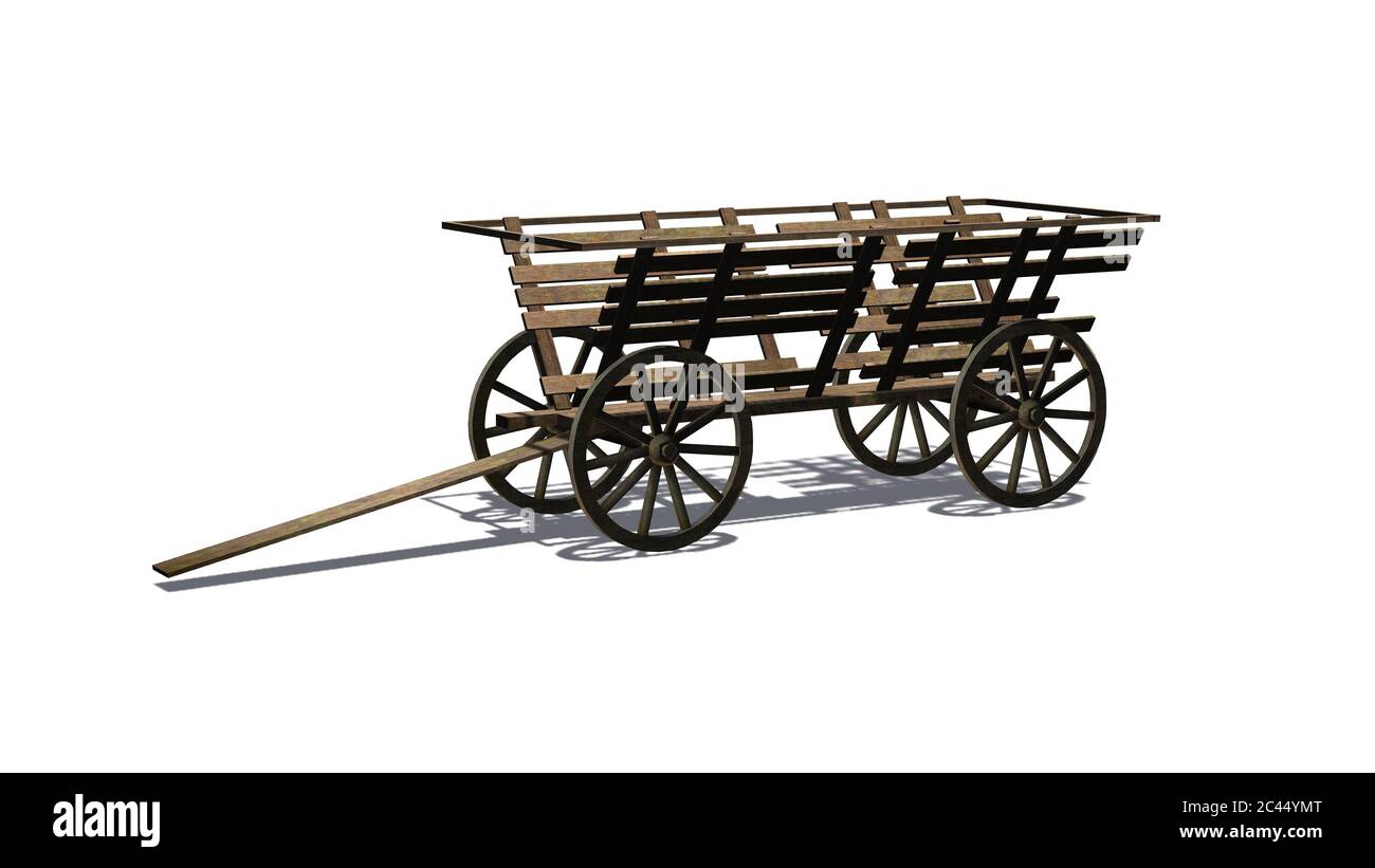 antico carro medievale in legno - isolato su sfondo bianco Foto Stock