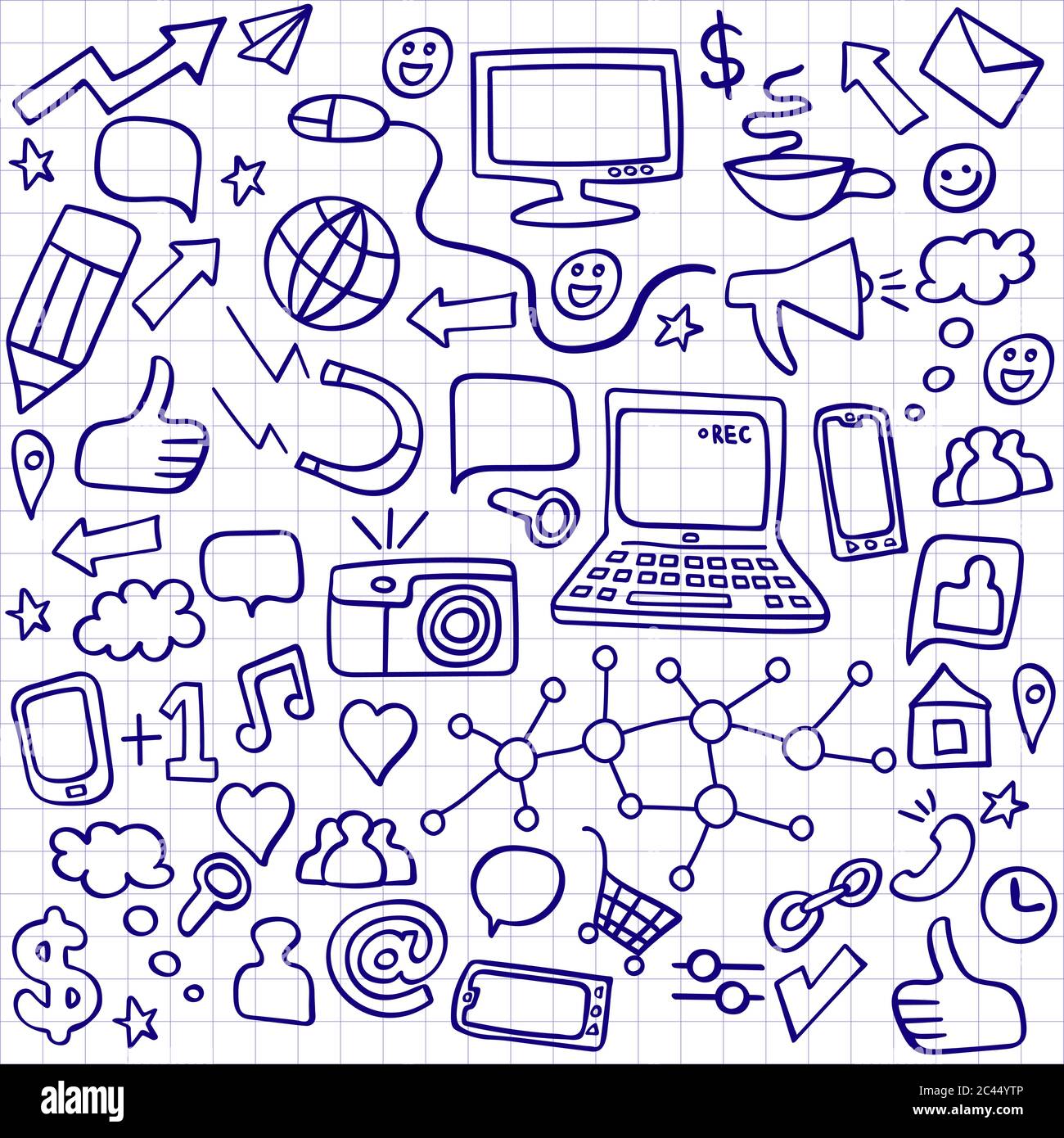 Set di doodles da ballpoint dei social media. Icone disegnate a mano per la tecnologia informatica. Illustrazione vettoriale. Illustrazione Vettoriale