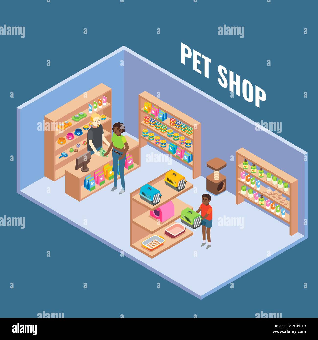 Mostra isometrica orizzontale interna in sezione per negozio di animali domestici Illustrazione Vettoriale