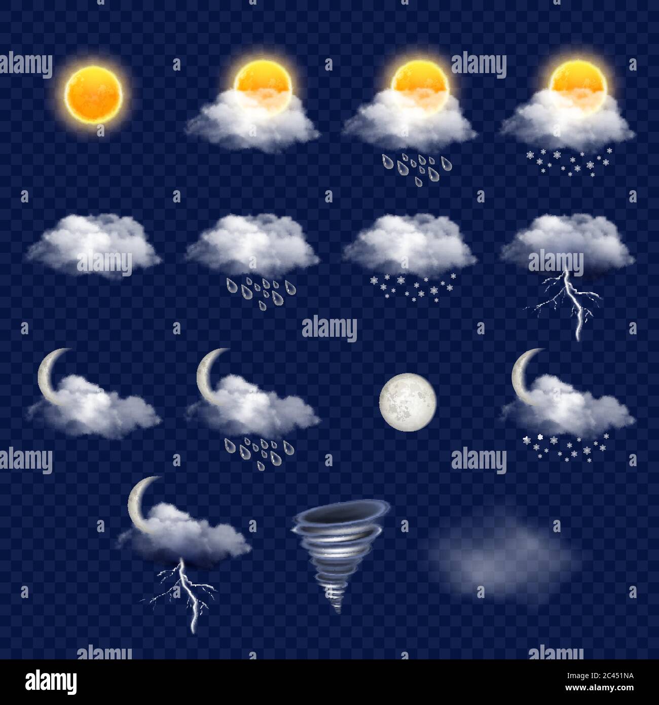 Insieme di icone trasparenti per le previsioni meteo, illustrazione vettoriale realistica Illustrazione Vettoriale