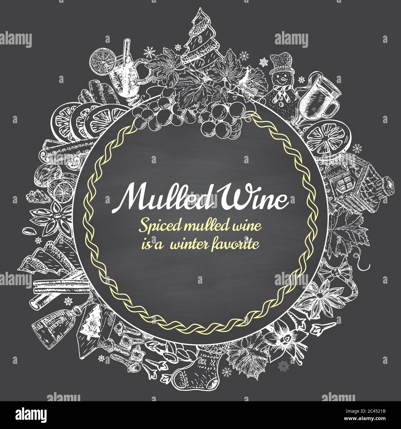 Striscione circolare di vino mullato disegnato a mano. Poster dello schizzo in bianco e nero. Logo del menu e modelli di design emblema in stile vintage retrò Illustrazione Vettoriale