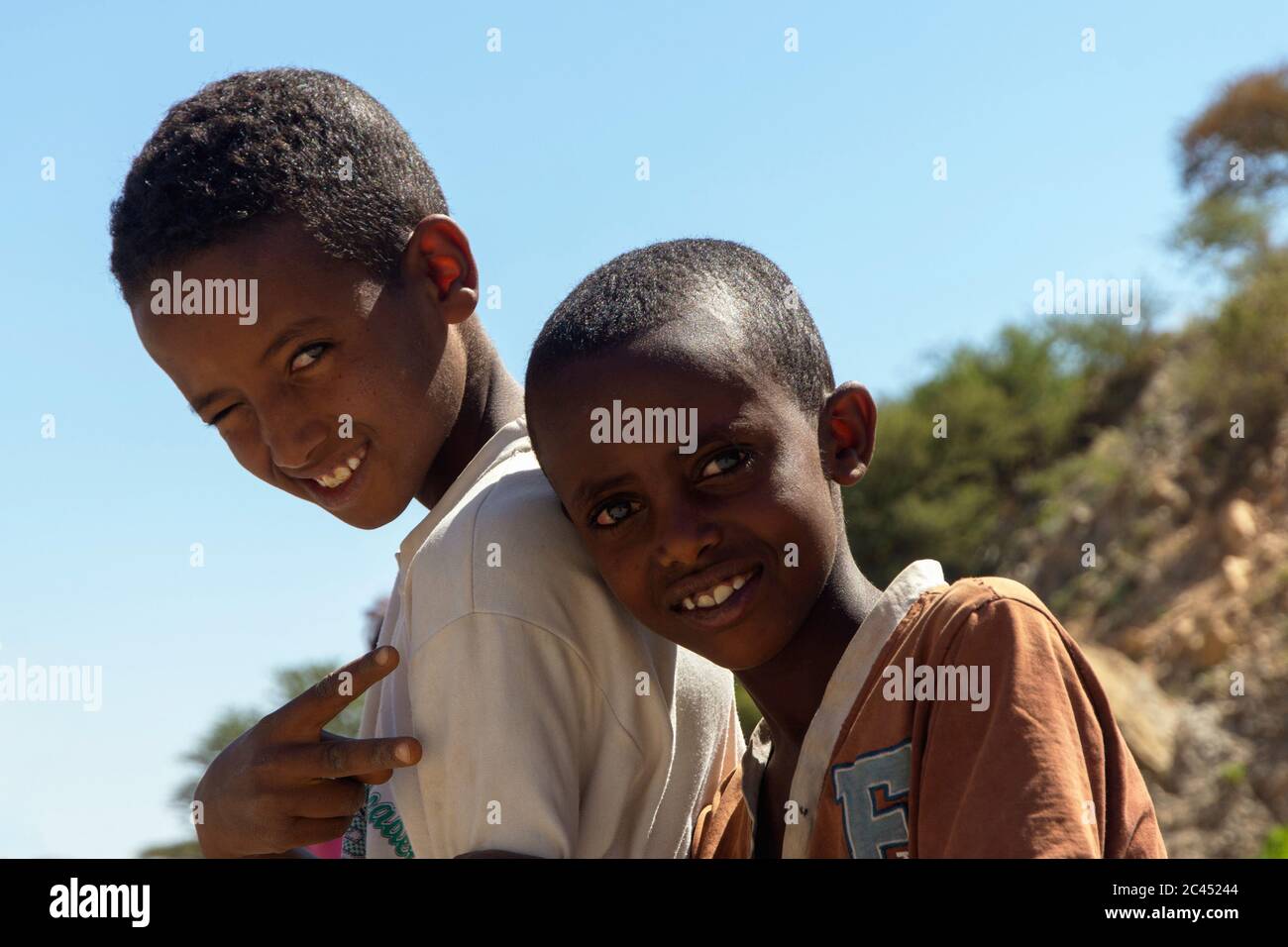 Hamedela, Etiopia - Nov 2018: Ritratto per i giovani Afar ragazzi ridendo, Etiopia Foto Stock