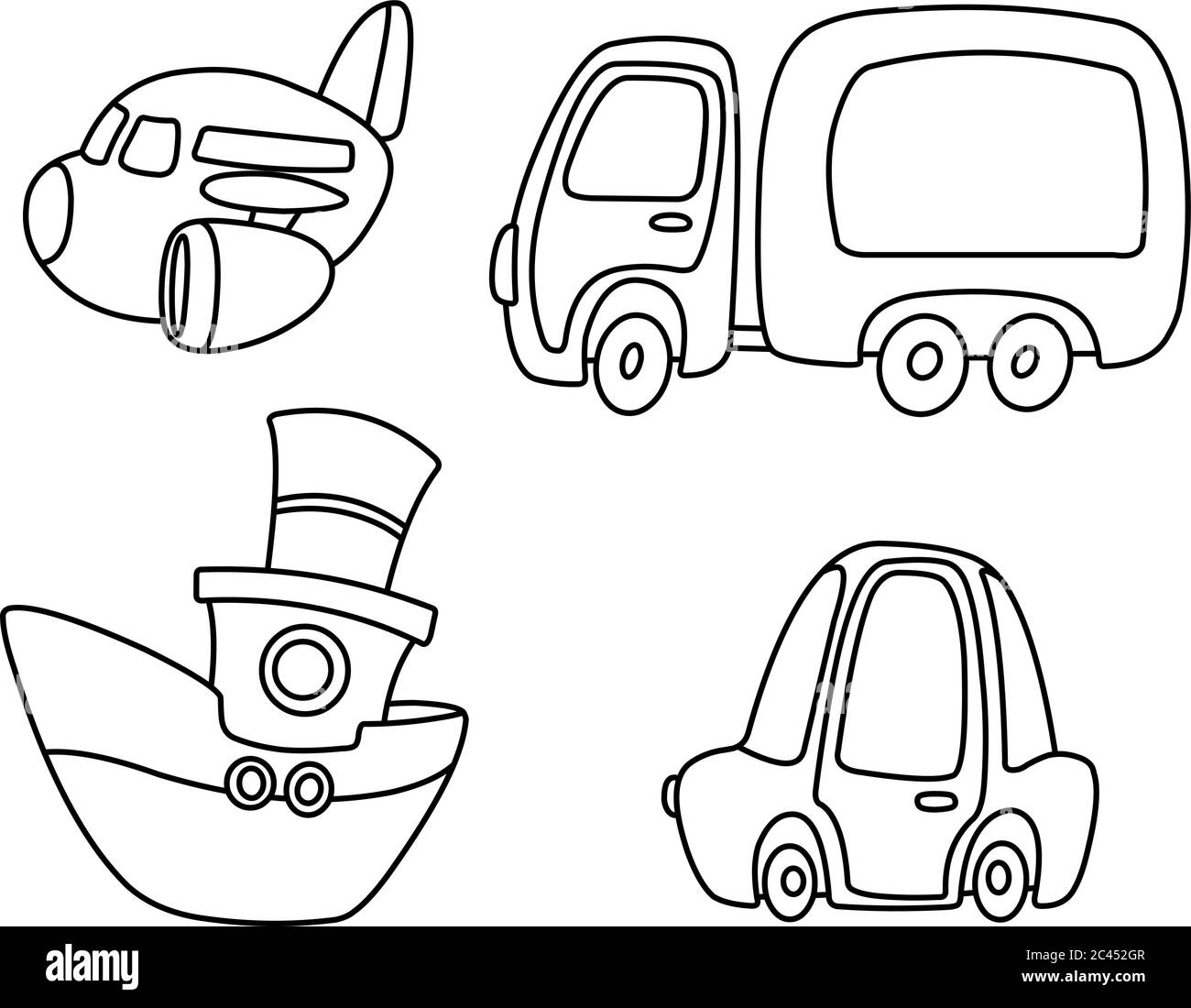 Insieme delineato di trasporto cartoni animati. Aereo, camion, nave e auto. Pagina di colorazione dell'illustrazione grafica vettoriale. Illustrazione Vettoriale