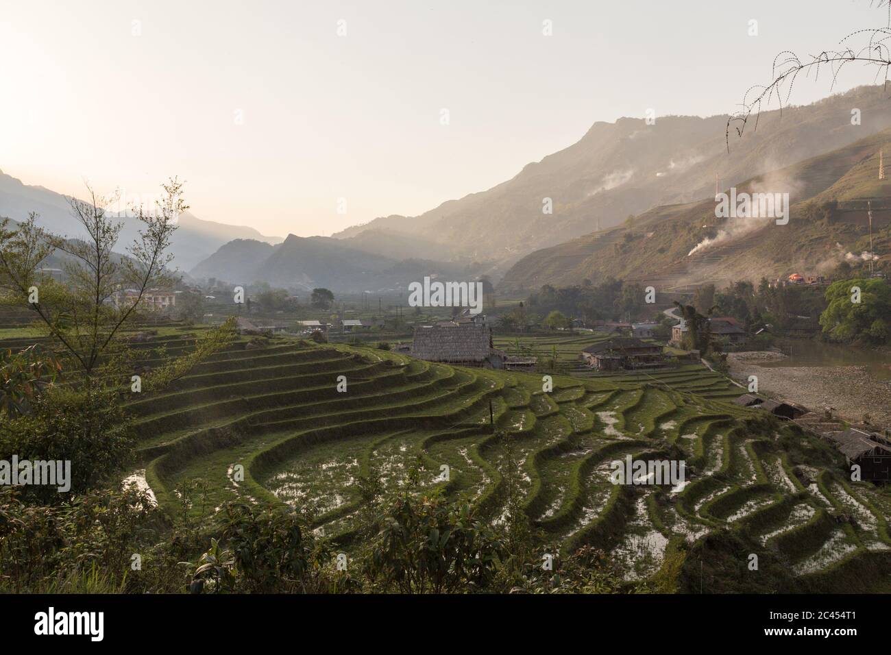 Una vista sulle piantagioni di riso e il paesaggio a Sapa nord Vietman. Foto Stock