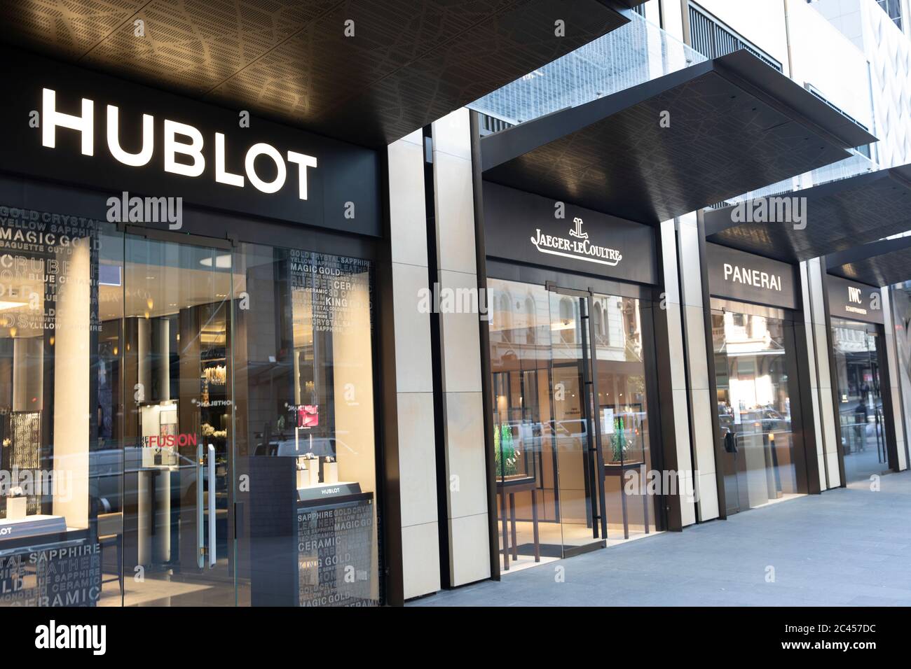Hublot, Panerai e Jaeger LeCoultre negozi di orologi nel centro di Sydney, NSW, Australia Foto Stock
