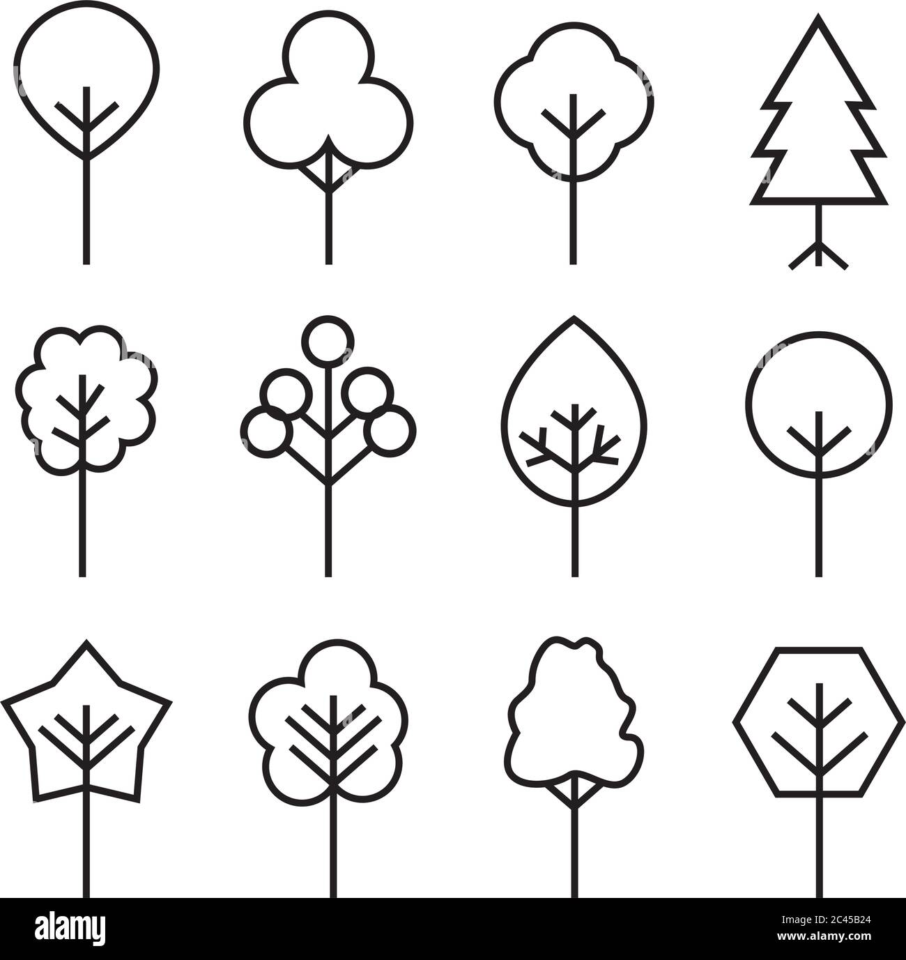 Insieme di icone struttura. Icone sottili della struttura astratta. Delineare le piante lineari. Riempimento tratto modificabile. Simbolo vettore isolato semplice ad albero. Illustrazione Vettoriale