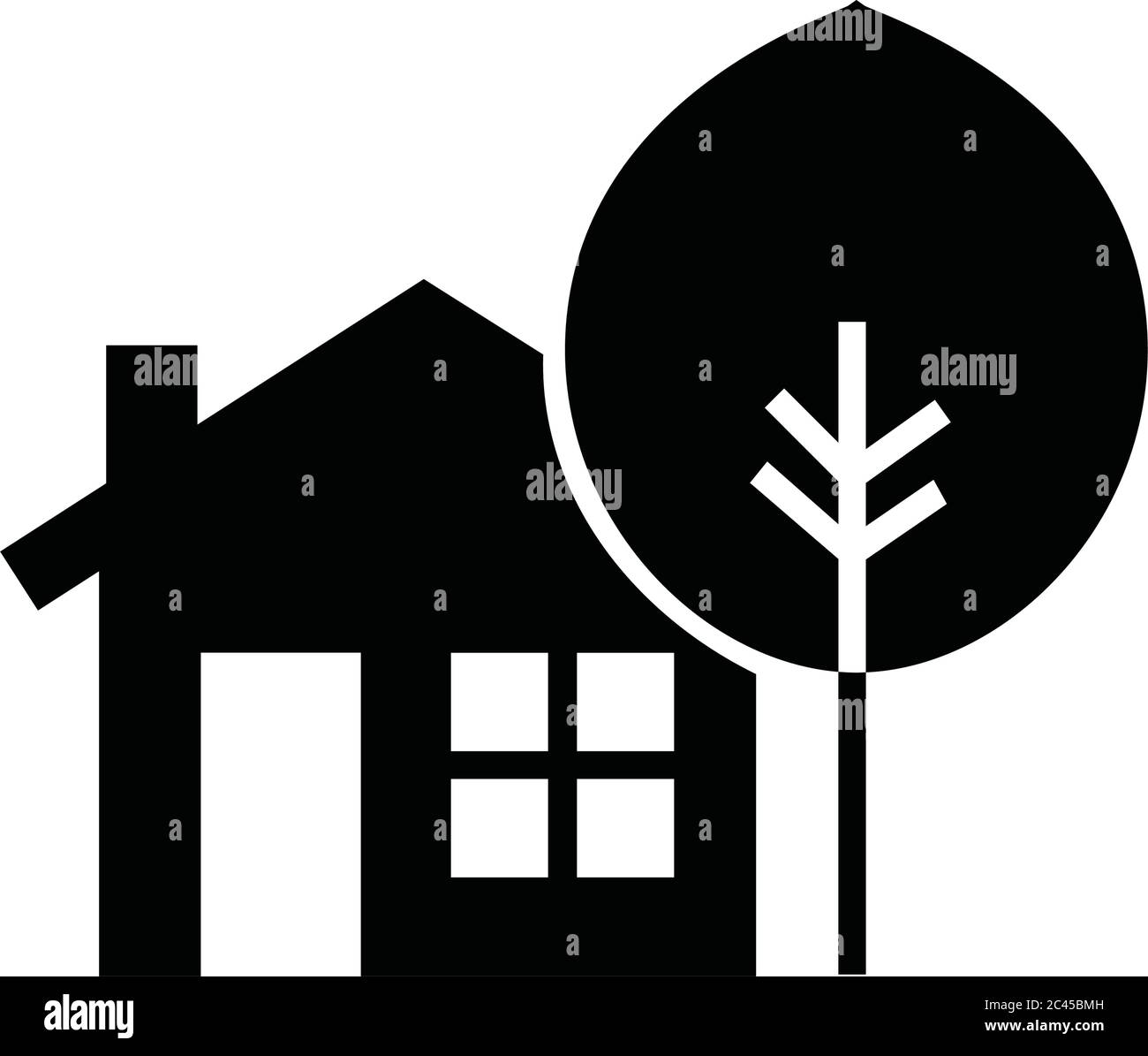 Icone della casa nera. Icona della linea di costruzione con albero. Illustrazione vettoriale. Illustrazione Vettoriale