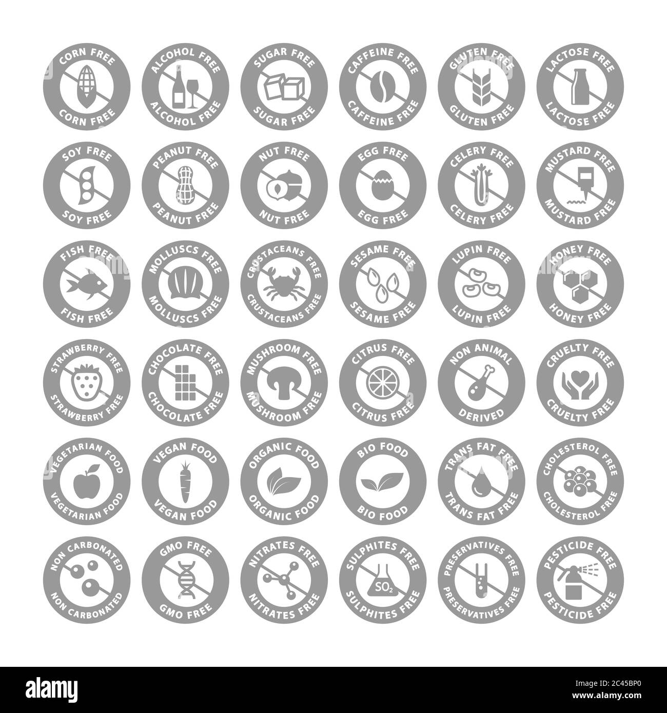 Set di etichette per alimenti senza ingredienti alimentari, senza glutine, senza latticini, biologici e vegetariani. Set di badge vettoriali a cerchio senza zucchero per il mais, la soia, l'alcool Illustrazione Vettoriale