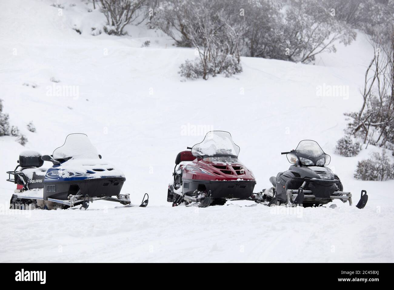 Tre motoslitte nella neve, Falls Creek, Australia Foto Stock