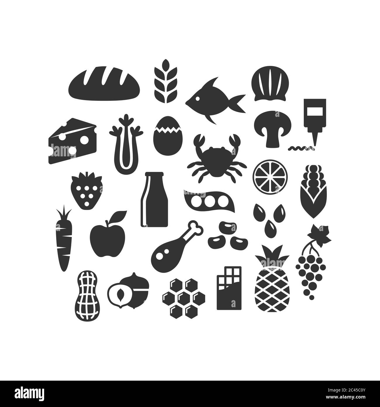 Prodotti alimentari, frutta, verdura e latticini nero isolato vettore icone set. Ingredienti alimentari, carne, pesce, simboli di silhouette glifo noci. Illustrazione Vettoriale