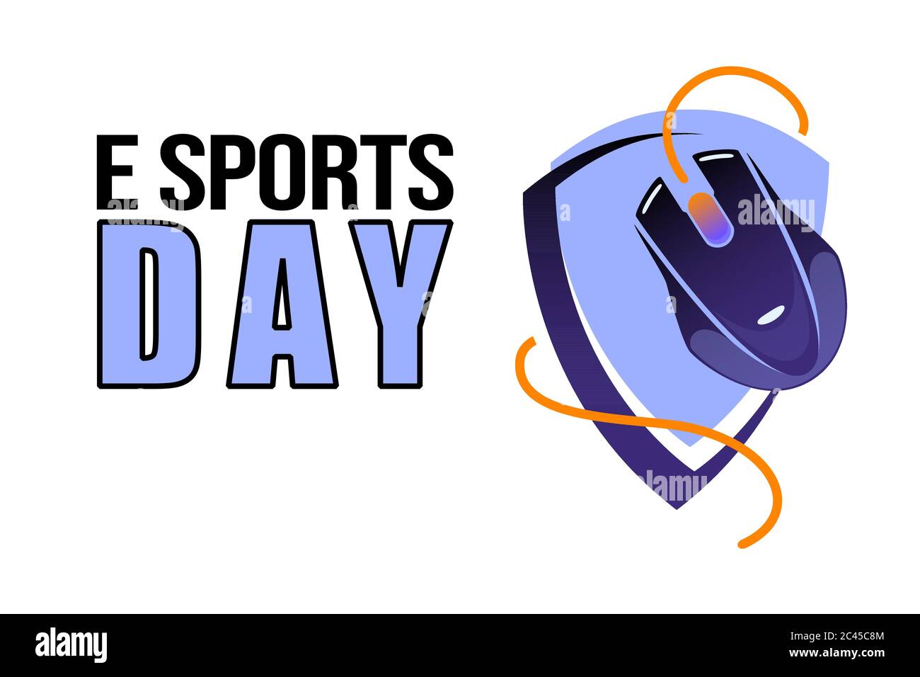 Poster del giorno del gioco eSports per gli eventi del torneo. Mouse PC sullo schermo con spazio per testo, cartoni animati. Tecnologia Cybersport logo blu su sfondo bianco. Concetto per la copertura del flusso del videogamer. Illustrazione Vettoriale