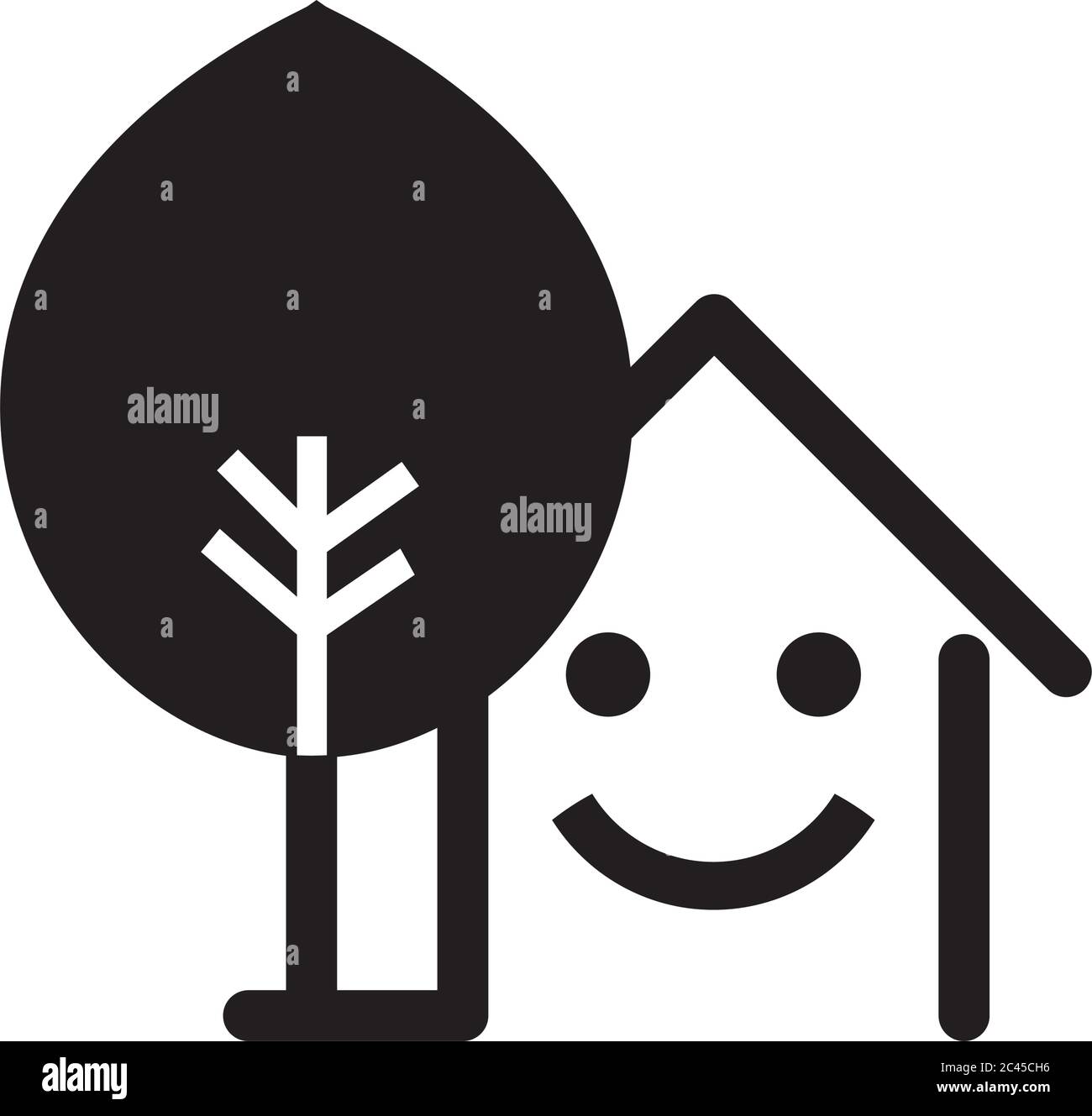 Icone della casa nera. Icona della linea di costruzione con albero. Illustrazione vettoriale. Illustrazione Vettoriale