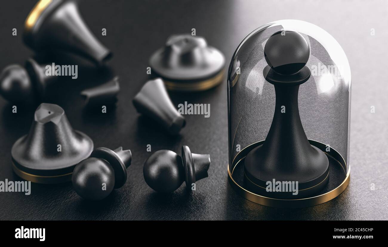 Illustrazione 3D di pedine rotte e una protetta da una cupola di vetro. Concetto di vaccinazione e immunizzazione. Foto Stock