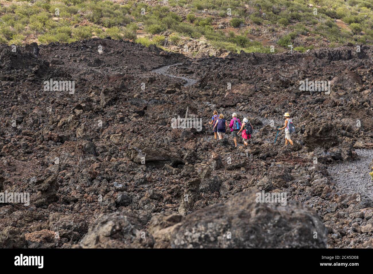 Un gruppo di escursionisti attraversa il flusso lavico solidificato dell'eruzione del Chinyero del 1909, Santiago del Teide, Tenerife, Isole Canarie, Spagna Foto Stock