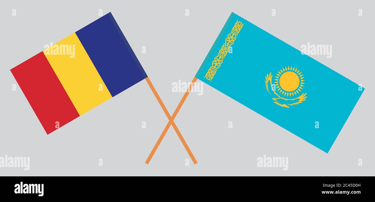 Bandiere incrociate del Kazakistan e della Romania. Colori ufficiali. Proporzione corretta. Illustrazione vettoriale Illustrazione Vettoriale