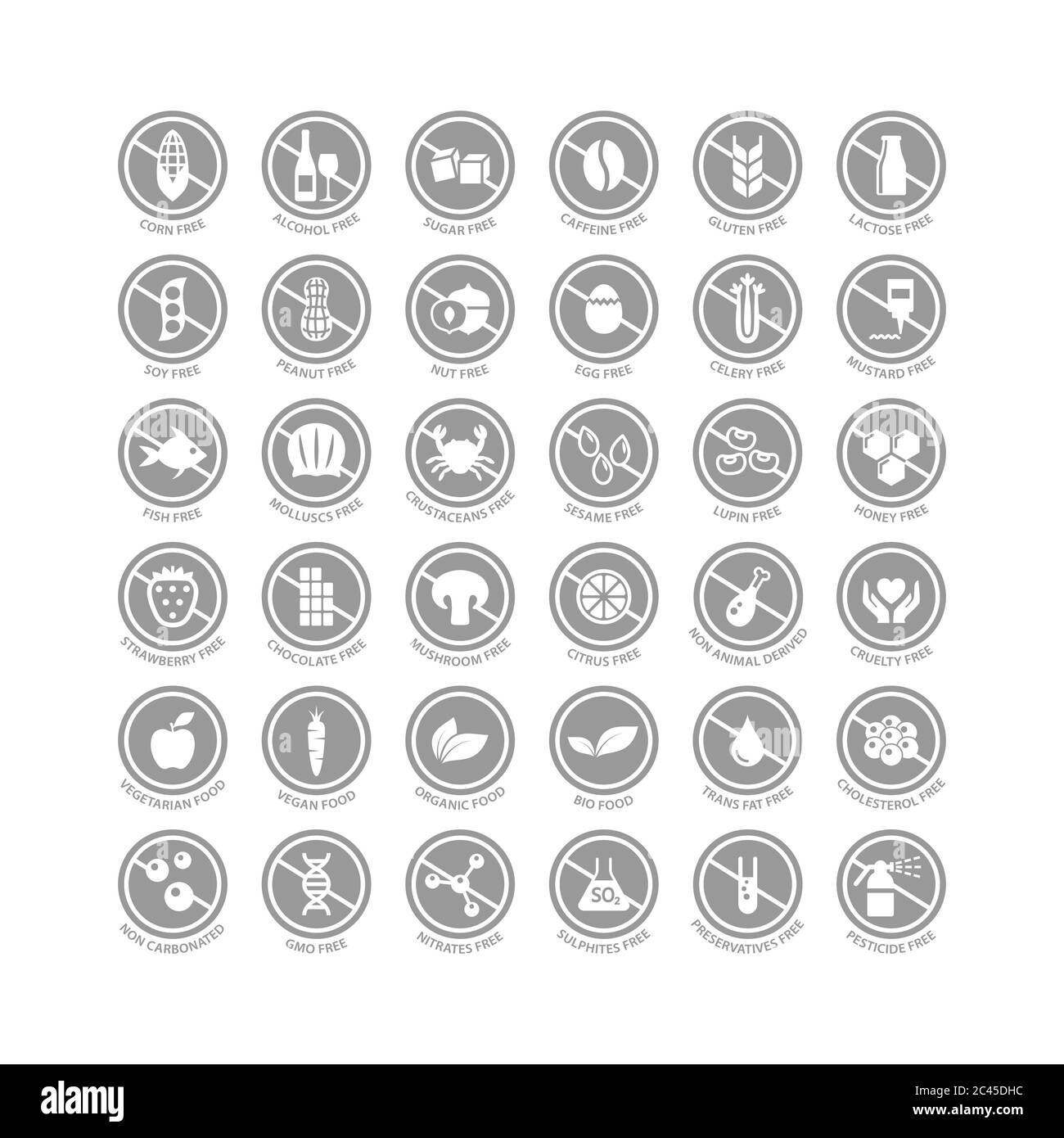 Set di etichette per alimenti senza ingredienti alimentari, senza glutine, senza latticini, biologici e vegetariani. Set di badge vettoriali a cerchio senza zucchero per il mais, la soia, l'alcool Illustrazione Vettoriale
