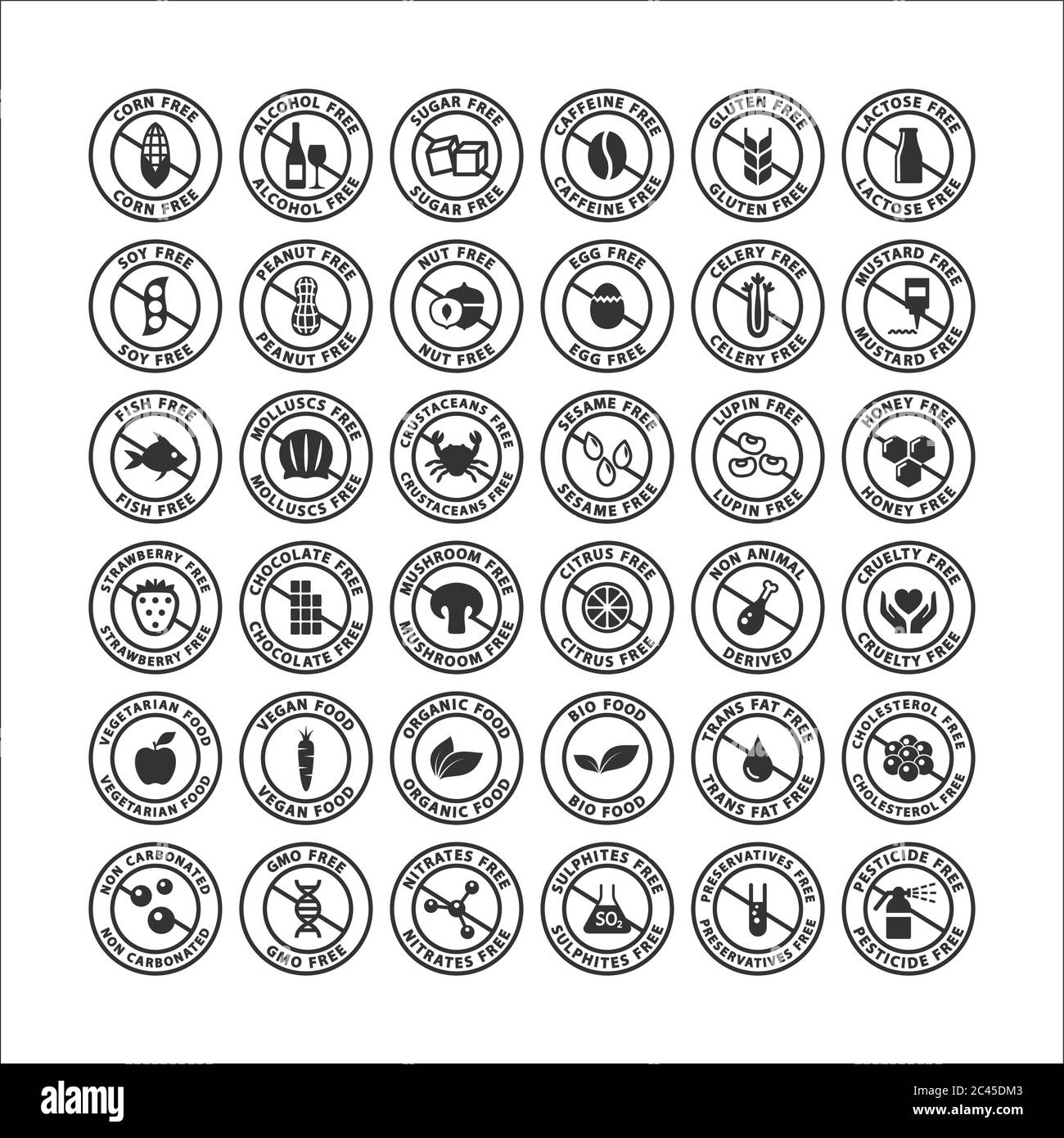 Set di etichette per alimenti senza ingredienti alimentari, senza glutine, senza latticini, biologici e vegetariani. Set di badge vettoriali a cerchio senza zucchero per il mais, la soia, l'alcool Illustrazione Vettoriale