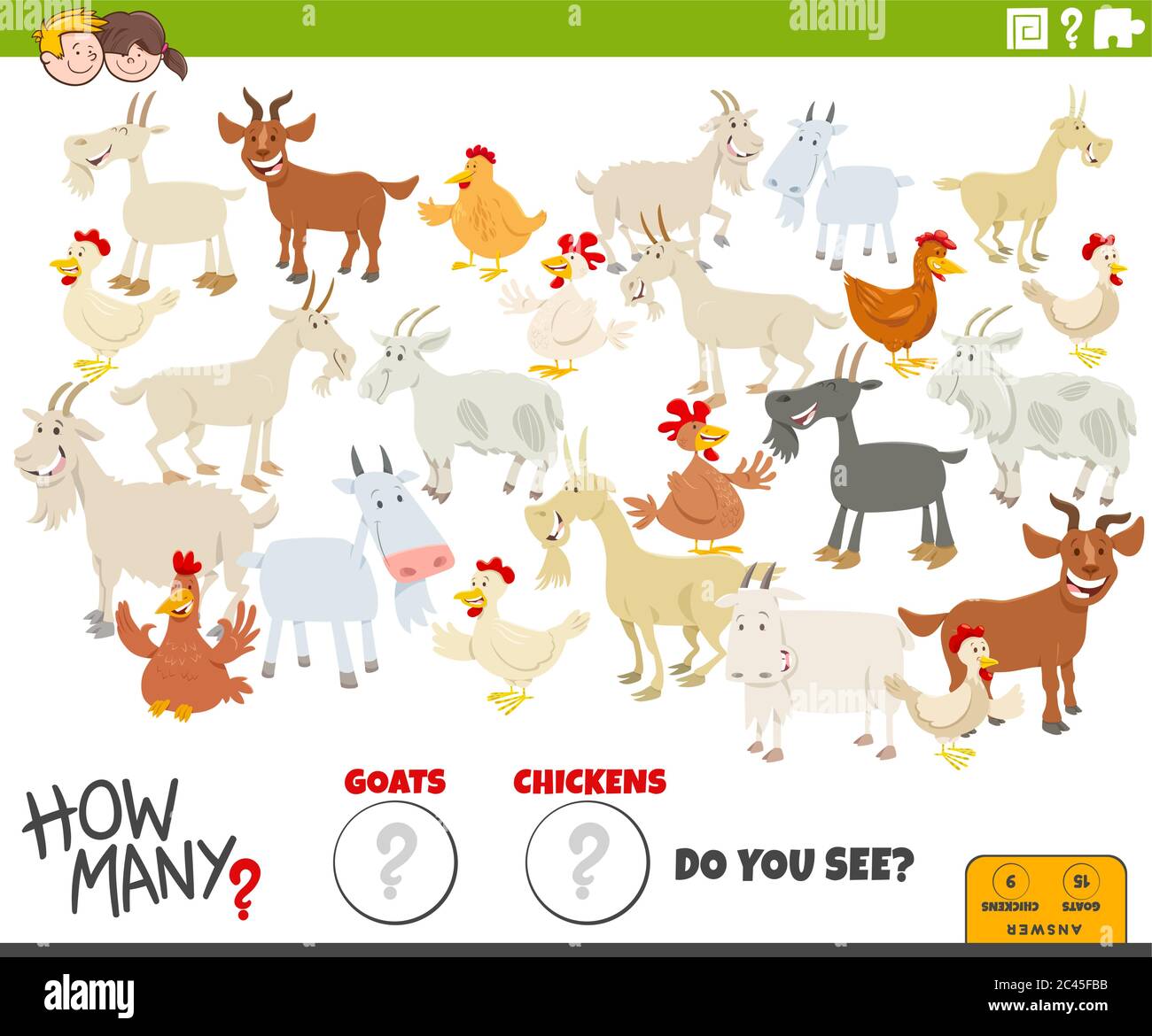 Illustrazione di gioco educativo conteggio per i bambini con Cartoon Funny Goats e Chickens Farm Animal Characters Group Illustrazione Vettoriale