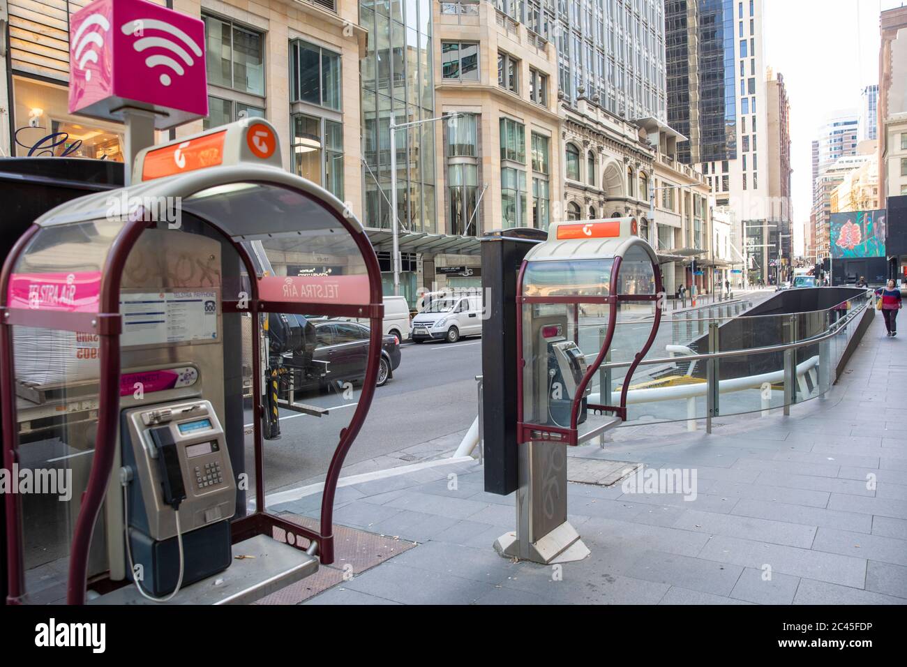 Telefoni pubblici Telstra nel centro di Sydney, nuovo Galles del Sud, Australia Foto Stock