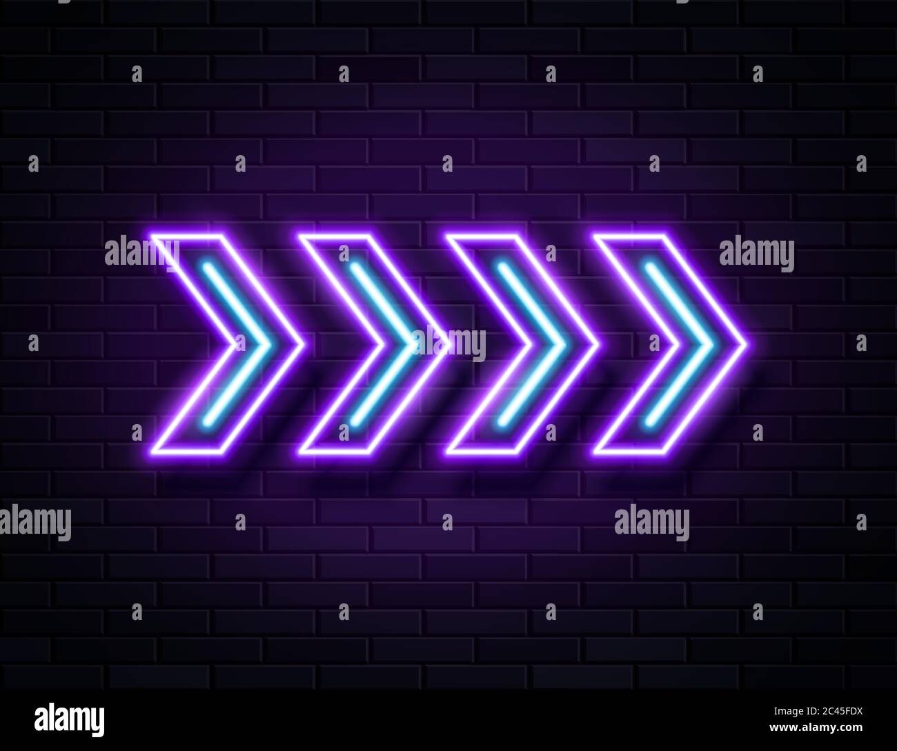 Futuristico Sci Fi Modern Neon Violet frecce incandescenti telaio per Banner su Dark Empty Grunge calcestruzzo Brick sfondo. Illustrazione Vettoriale
