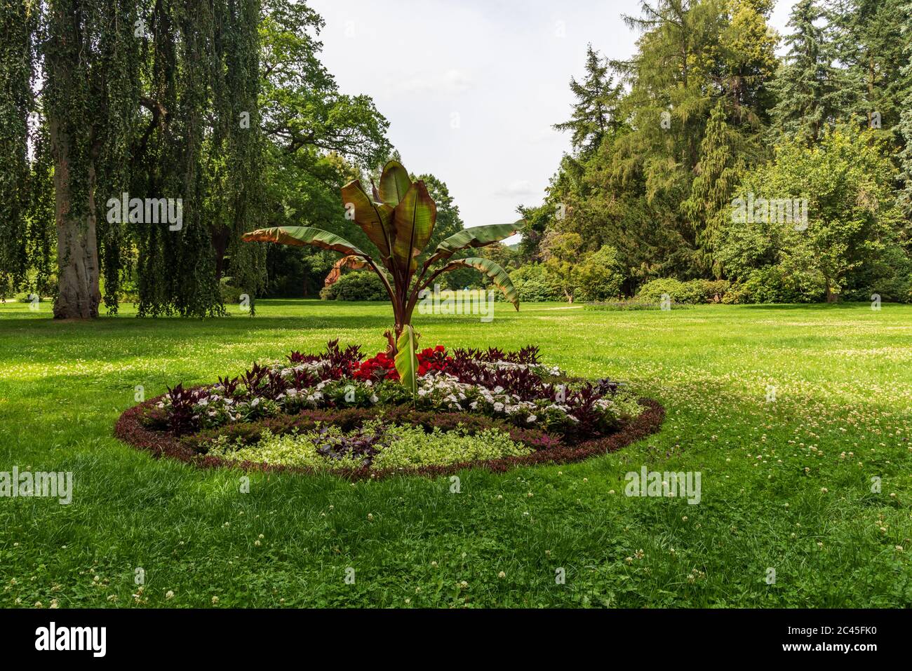 Bellissimo Greizer Stadt Park sulla città di Greiz in Germania con fiori, alberi e prati Foto Stock