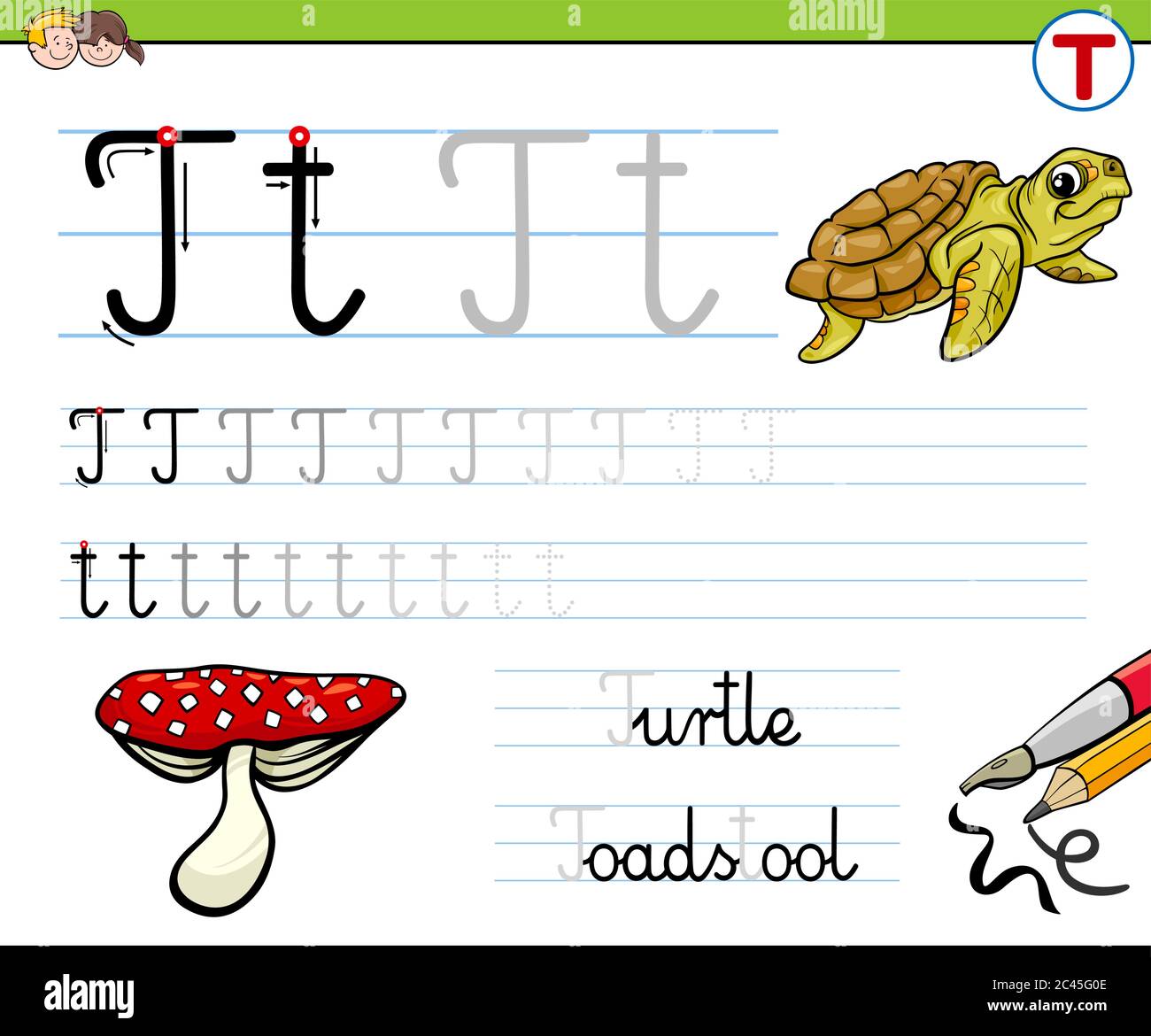 Illustrazione di Cartoon del foglio di lavoro di pratica di scrittura di abilità con lettera T per i bambini di età prescolare ed elementare Illustrazione Vettoriale