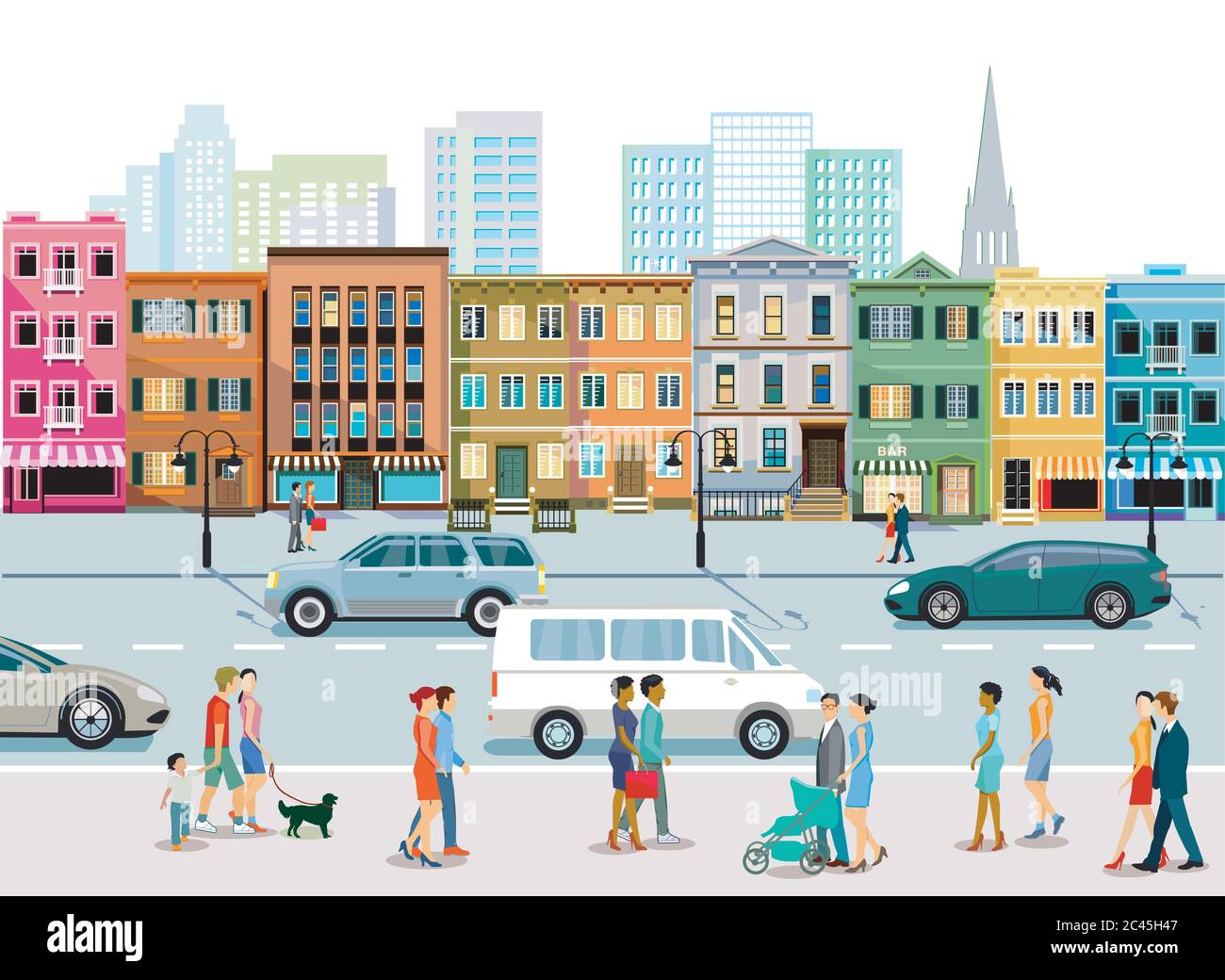 Città con traffico, edifici di appartamenti e pedoni sul marciapiede Illustrazione Vettoriale