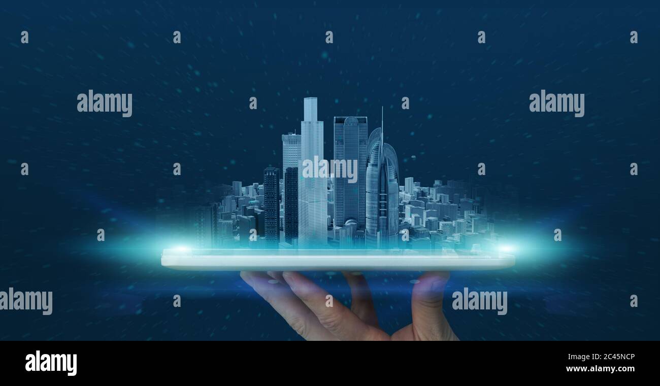Tablet digitale con ologramma urbano sullo schermo Foto Stock