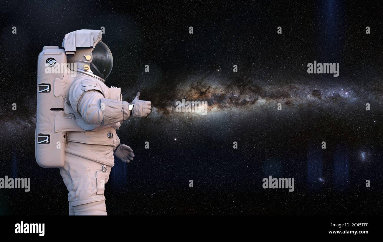 astronauta che mostra i pollici durante la passeggiata nello spazio in uno spazio vuoto Foto Stock