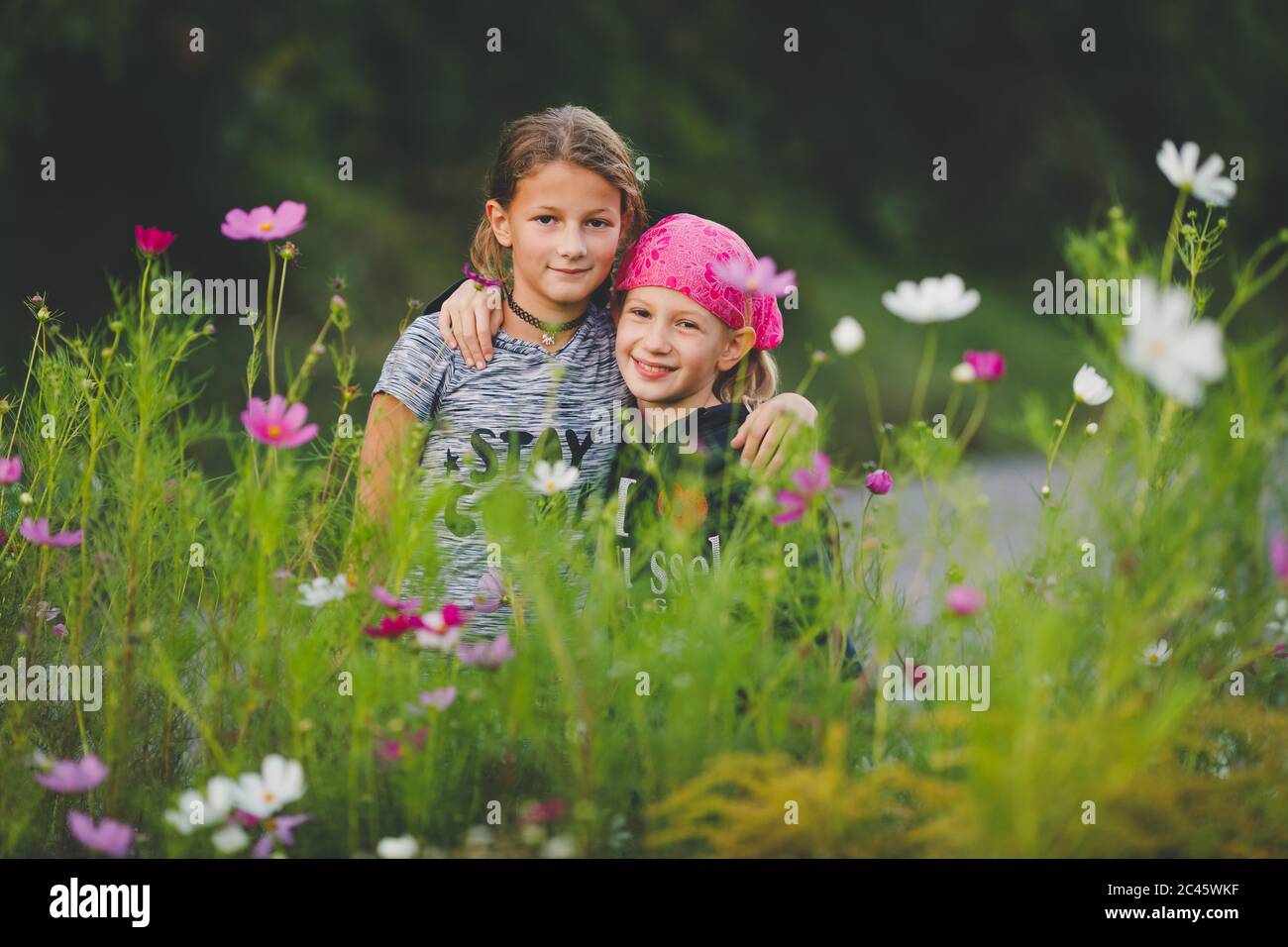 Ritratto di due ragazze in prato di fiori selvatici guardando la macchina fotografica Foto Stock