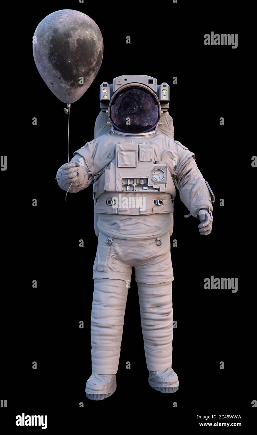 Astronauta con palloncino lunare isolato su sfondo nero Foto Stock