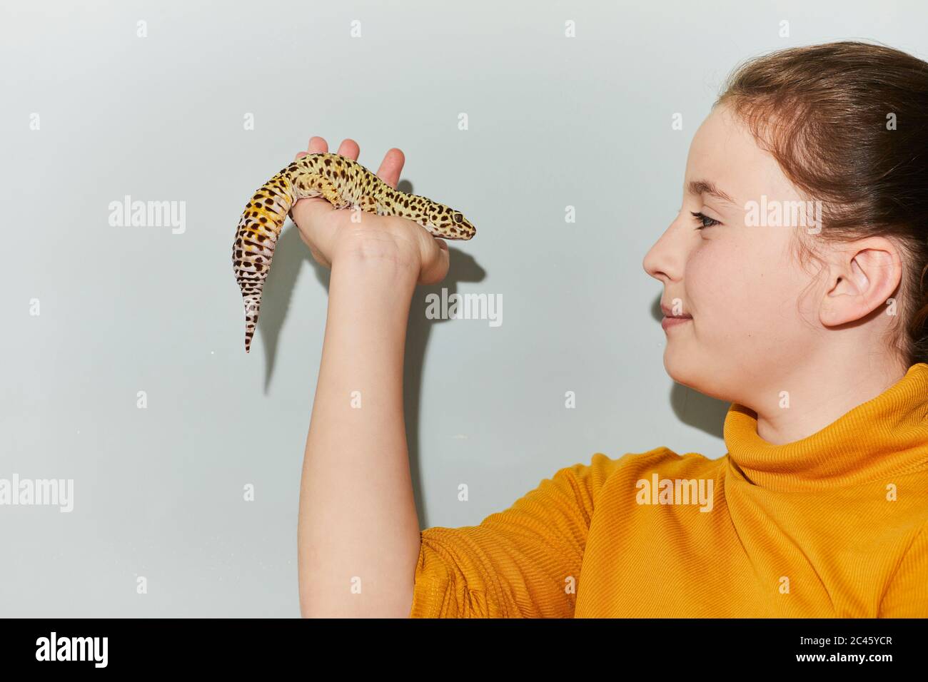 Primo piano di ragazza teenage che tiene macchiato gecko leopardo animale domestico. Foto Stock