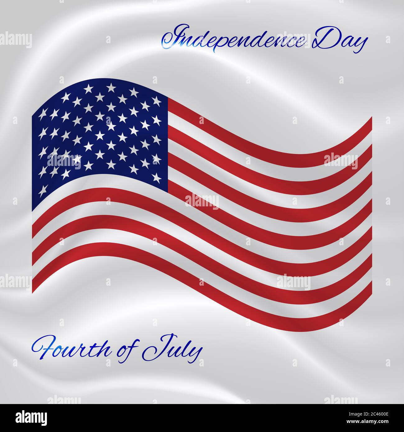 Illustrazione vettoriale di una bandiera americana volante su sfondo di seta bianca con l'iscrizione 4 luglio Independence Day. Foto Stock
