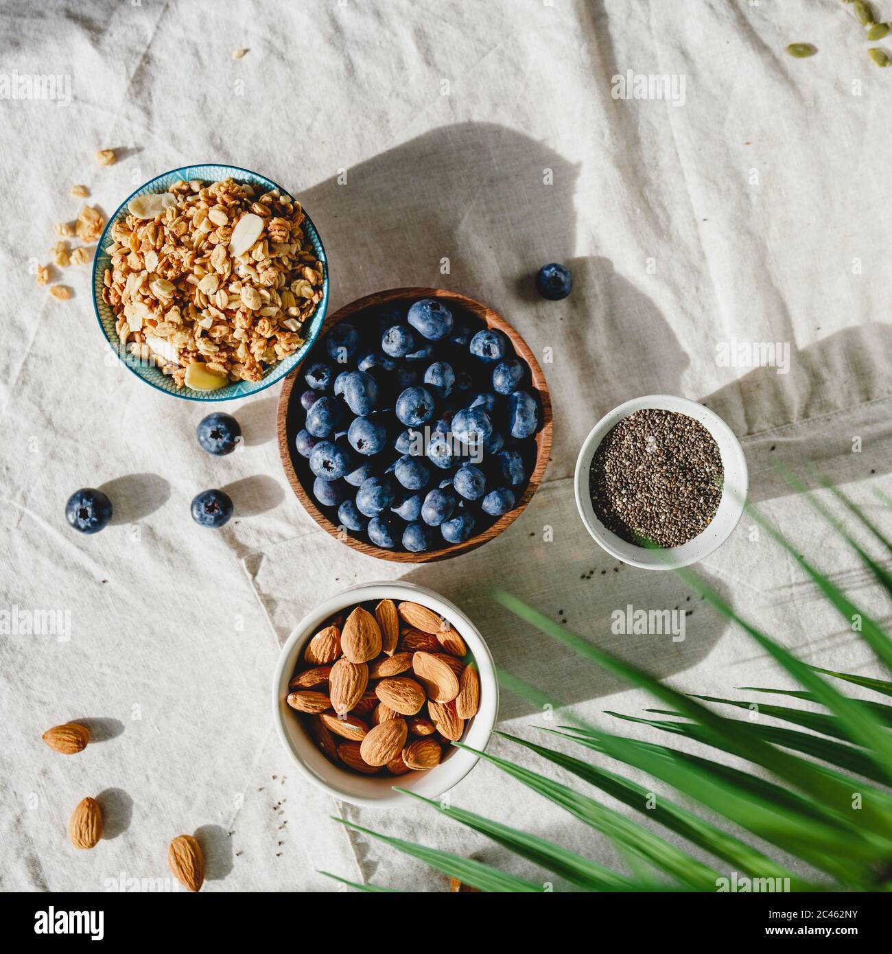 Vista dall'alto degli ingredienti per la colazione, come cereali, mandorle, mirtillo e semi di cia su un panno di lino decorato con una foglia di palma. Foto Stock