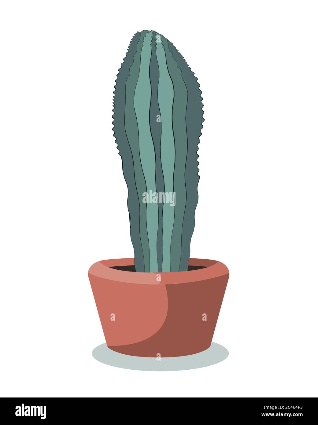Disegno piano di un cactus verticale in vaso. Pianta domestica. Cactus verde in una pentola. Vettore isolato su bianco Illustrazione Vettoriale