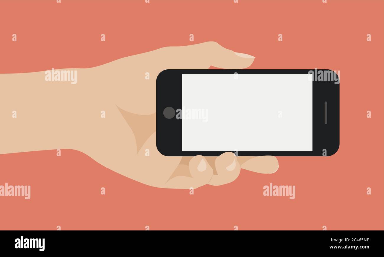 Mano azienda smart phone su sfondo rosso. Design piatto illustrazione vettoriale Illustrazione Vettoriale