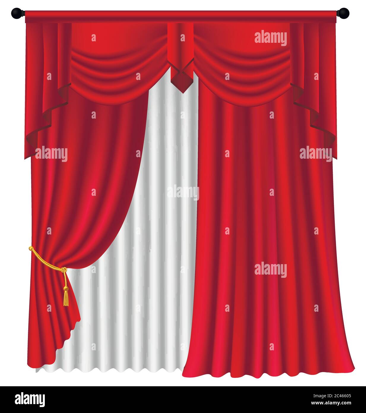 Lusso rosso tende e drappeggi su sfondo bianco, realistici illustrazione vettoriale Illustrazione Vettoriale